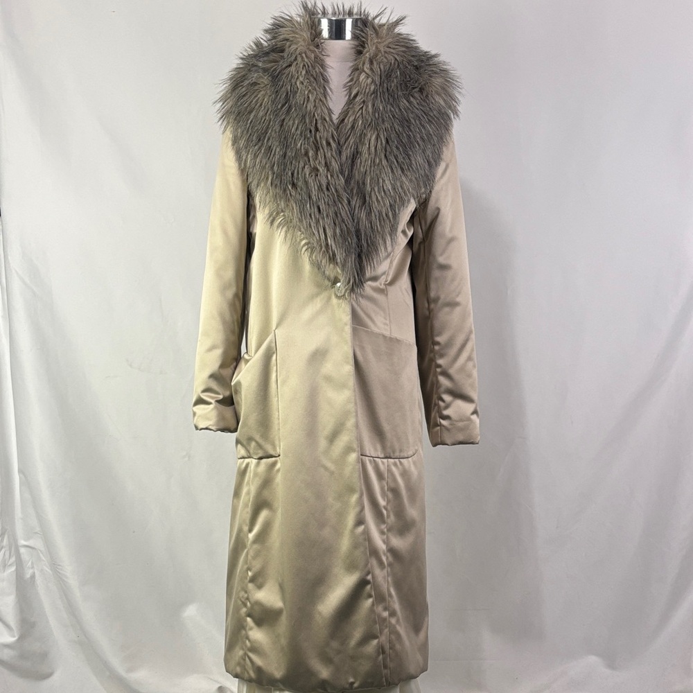 Simon Kneen Tan Satin with Fur Collar Long Coat